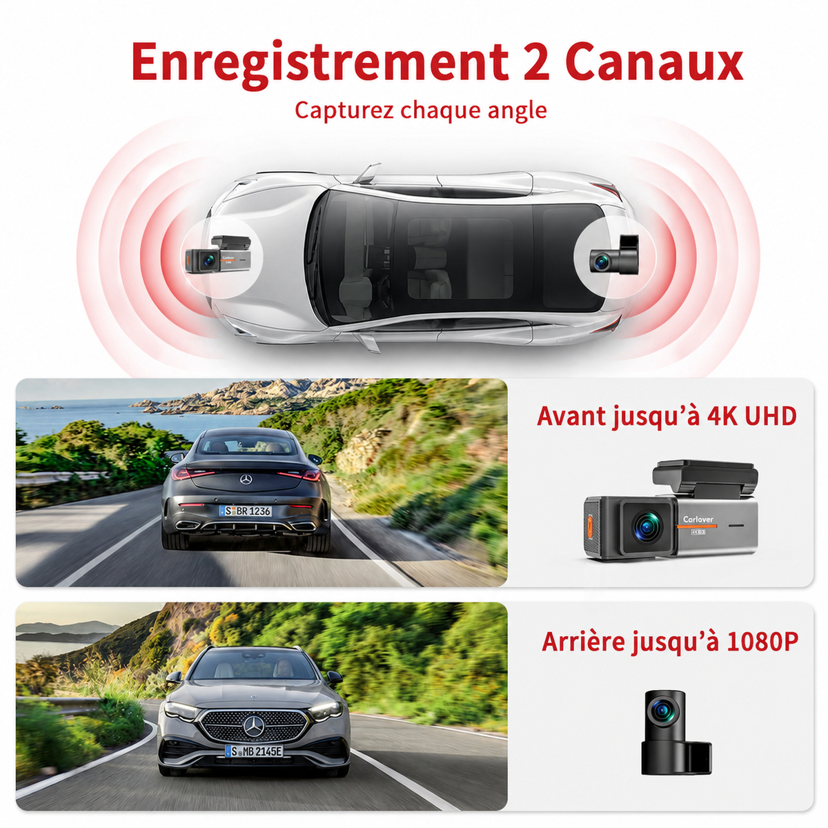 Dashcam Voiture 4K Avant + 1080P Arrière, WiFi, Vision Nocturne, G-Sensor