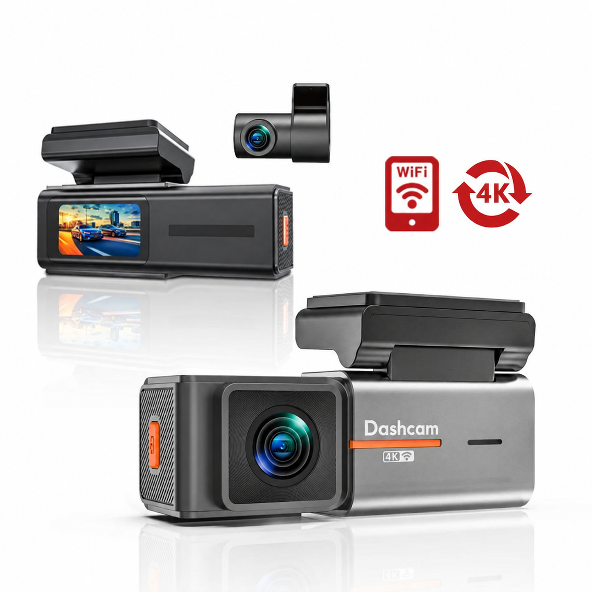 Dashcam Voiture 4K Avant + 1080P Arrière, WiFi, Vision Nocturne, G-Sensor