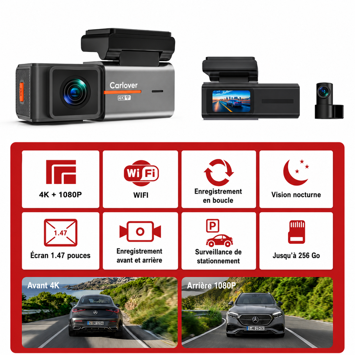Dashcam Voiture 4K Avant + 1080P Arrière, WiFi, Vision Nocturne, G-Sensor