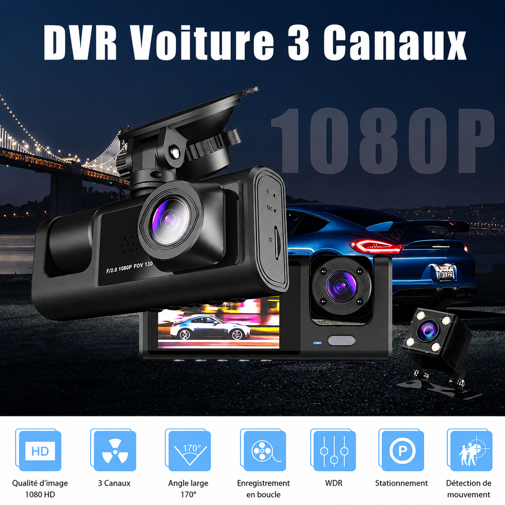 Dashcam 3 Canaux 1080P Avant, Habitacle et Arrière