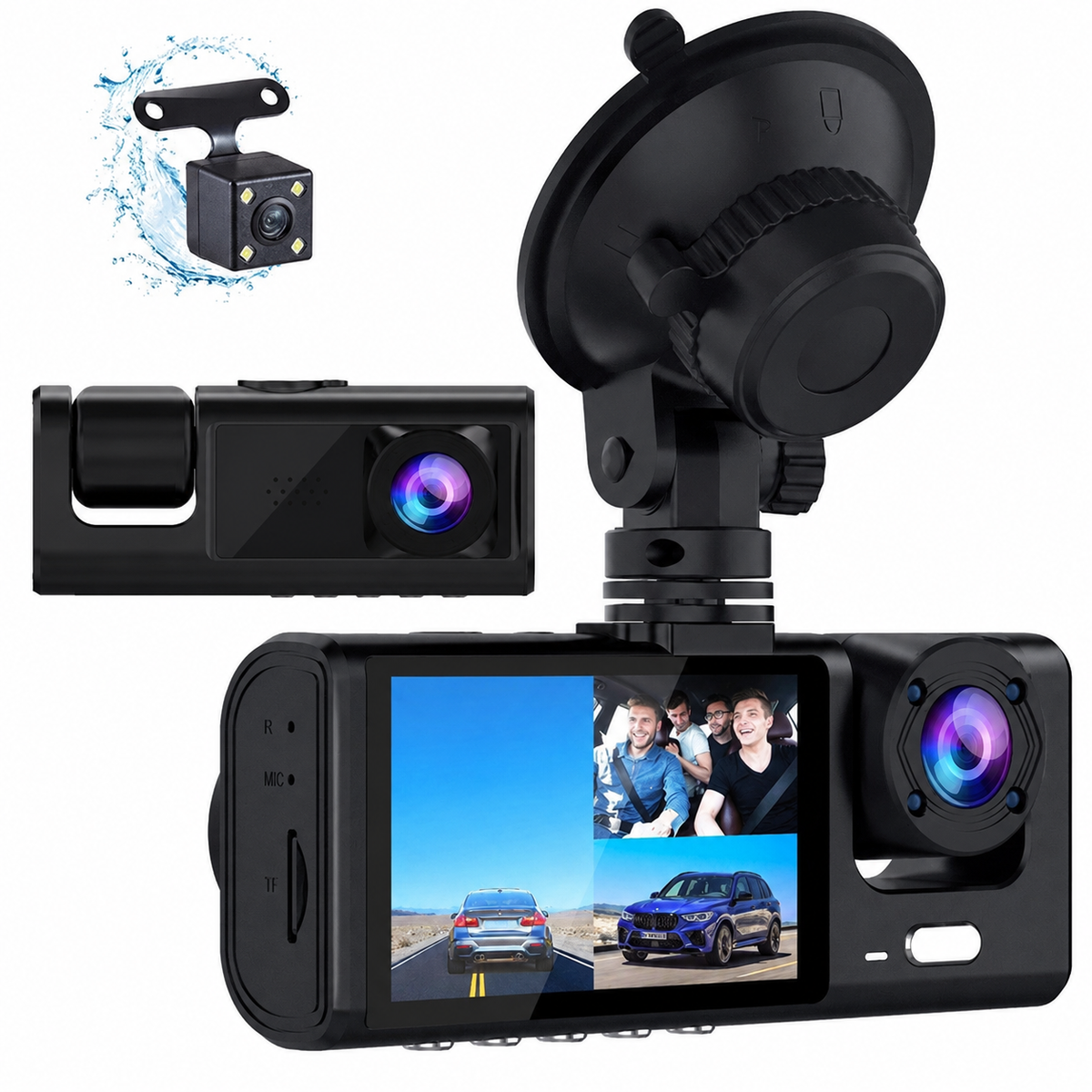 Dashcam 3 Canaux 1080P Avant, Habitacle et Arrière
